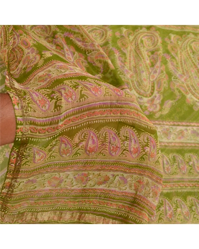 Sanskriti Vintage Sarees Green Pure Chiffon Silk Printed Sari 5Yd Craft Fabric, PRG-12414-Green-Printed Floral Design-Pure Chiffon Silk-4