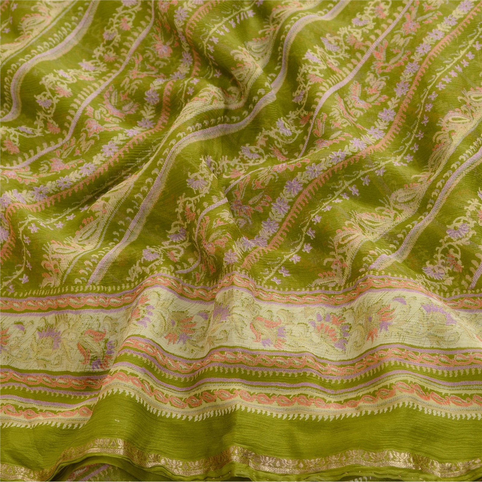 Sanskriti Vintage Sarees Green Pure Chiffon Silk Printed Sari 5Yd Craft Fabric, PRG-12414-Green-Printed Floral Design-Pure Chiffon Silk-6