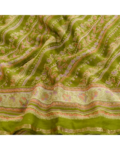 Sanskriti Vintage Sarees Green Pure Chiffon Silk Printed Sari 5Yd Craft Fabric, PRG-12414-Green-Printed Floral Design-Pure Chiffon Silk-6