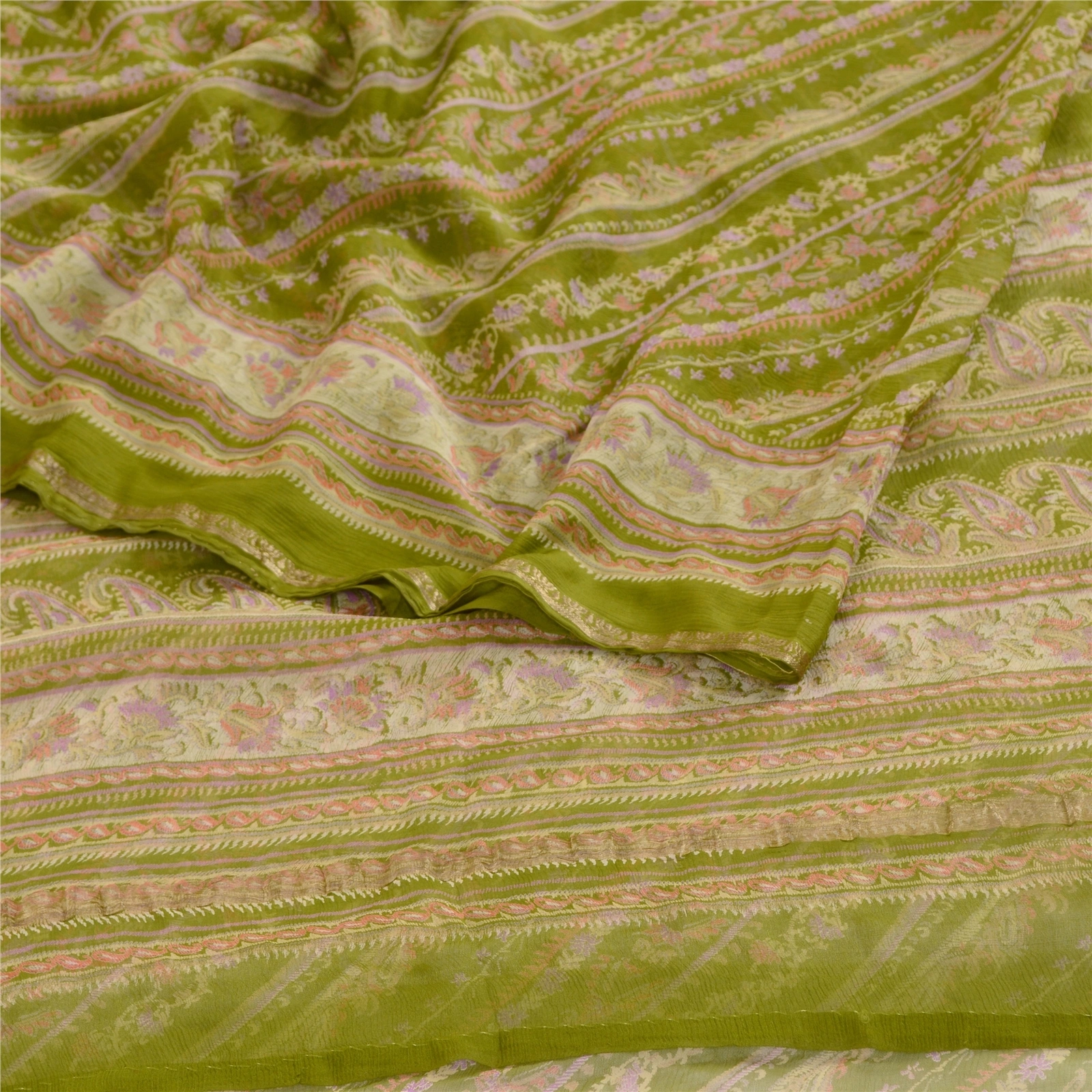 Sanskriti Vintage Sarees Green Pure Chiffon Silk Printed Sari 5Yd Craft Fabric, PRG-12414-Green-Printed Floral Design-Pure Chiffon Silk-7