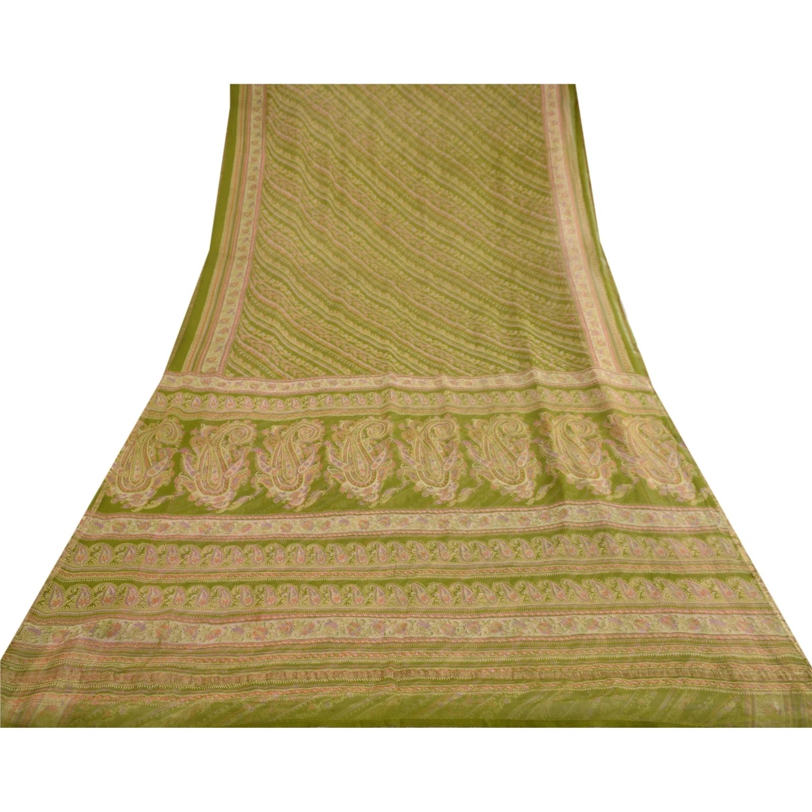 Sanskriti Vintage Sarees Green Pure Chiffon Silk Printed Sari 5Yd Craft Fabric, PRG-12414-Green-Printed Floral Design-Pure Chiffon Silk-8