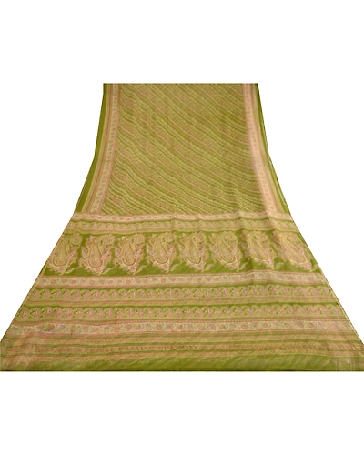 Sanskriti Vintage Sarees Green Pure Chiffon Silk Printed Sari 5Yd Craft Fabric, PRG-12414-Green-Printed Floral Design-Pure Chiffon Silk-8