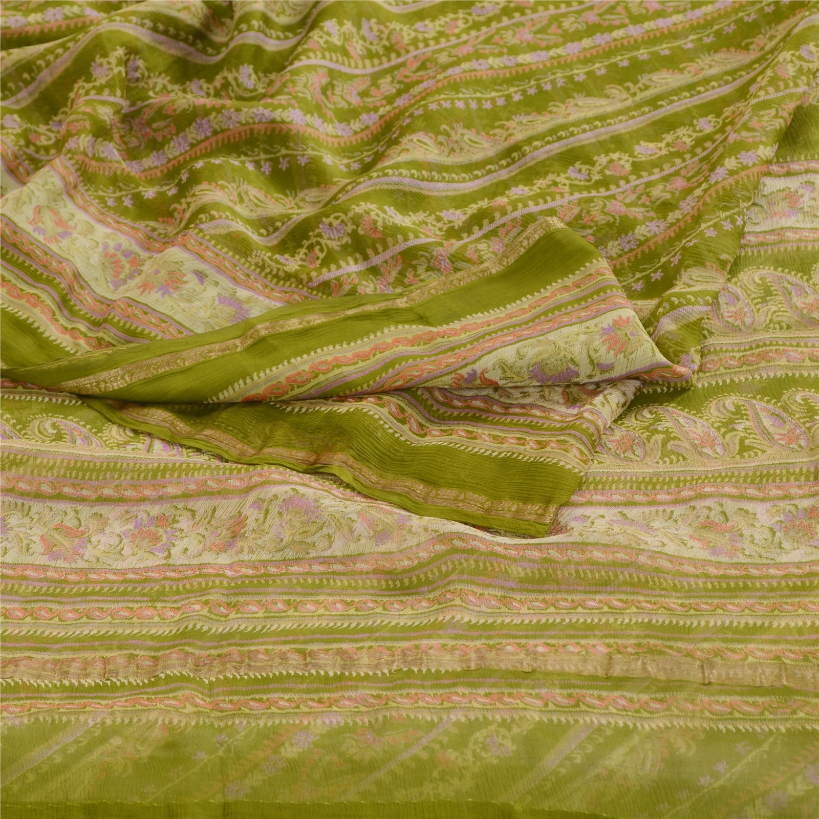 Sanskriti Vintage Sarees Green Pure Chiffon Silk Printed Sari 5Yd Craft Fabric, PRG-12414-Green-Printed Floral Design-Pure Chiffon Silk-9