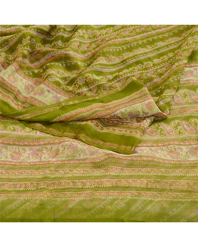 Sanskriti Vintage Sarees Green Pure Chiffon Silk Printed Sari 5Yd Craft Fabric, PRG-12414-Green-Printed Floral Design-Pure Chiffon Silk-9