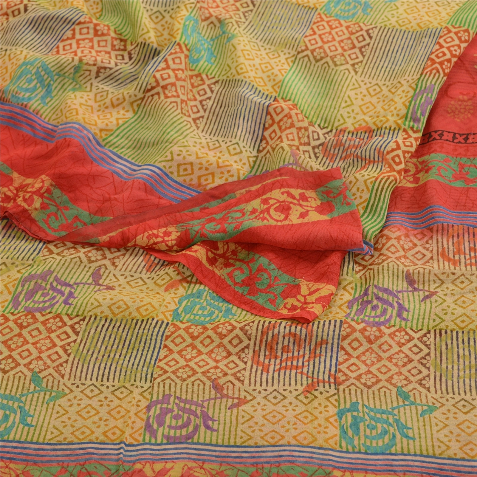 Sanskriti Vintage Sarees Multi Pure Georgette Silk Printed Sari 5Yd Craft Fabric, PRG-12417-Multi-Printed Floral Design-Pure Georgette Silk-9