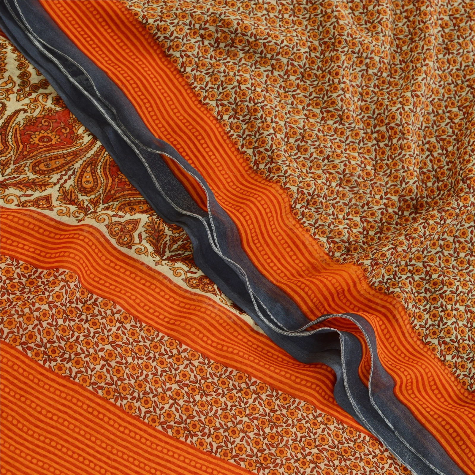 Sanskriti Vintage Sarees Indian Orange Georgette Printed Sari Soft Craft Fabric, PRG-12434-Orang-Printed Floral Design-Poly Georgette-1