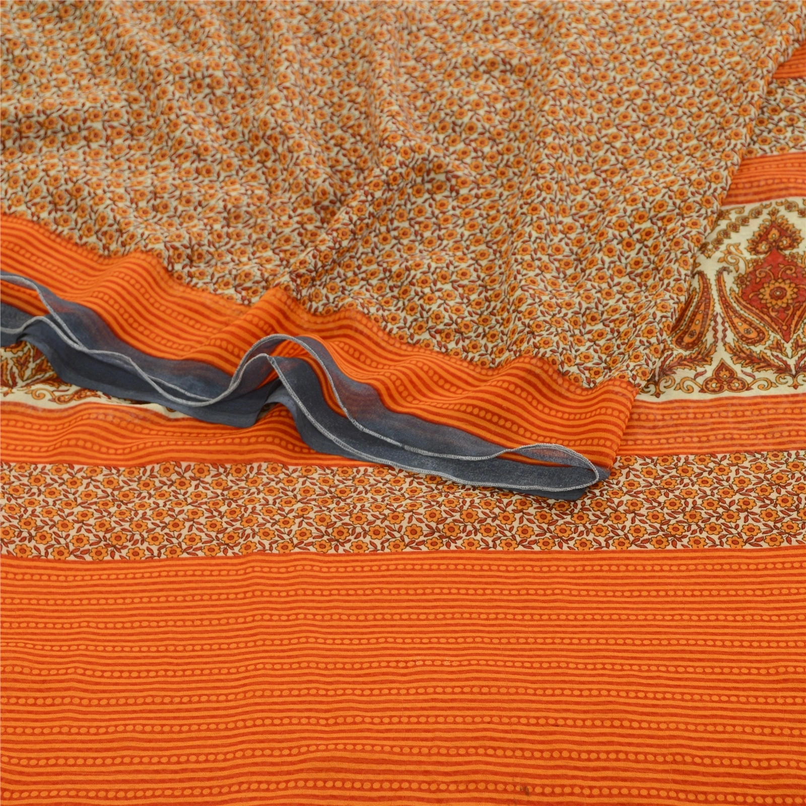 Sanskriti Vintage Sarees Indian Orange Georgette Printed Sari Soft Craft Fabric, PRG-12434-Orang-Printed Floral Design-Poly Georgette-7