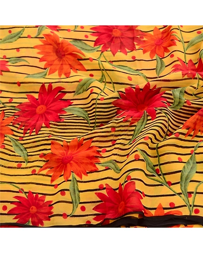 Sanskriti Vintage Sarees Yellow Pure Georgette Silk Printed Sari Craft Fabric, PRG-12445-Yellow-Printed Floral Design-Pure Georgette Silk-6