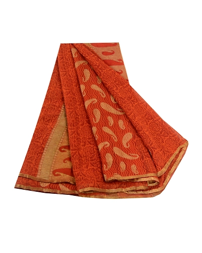 Sanskriti Vintage Sarees Rustyorange Pure Georgette Silk Print Woven Sari Fabric, PRG-12457-Rusty Orange-Printed Floral Design-Pure Georgette Silk-2