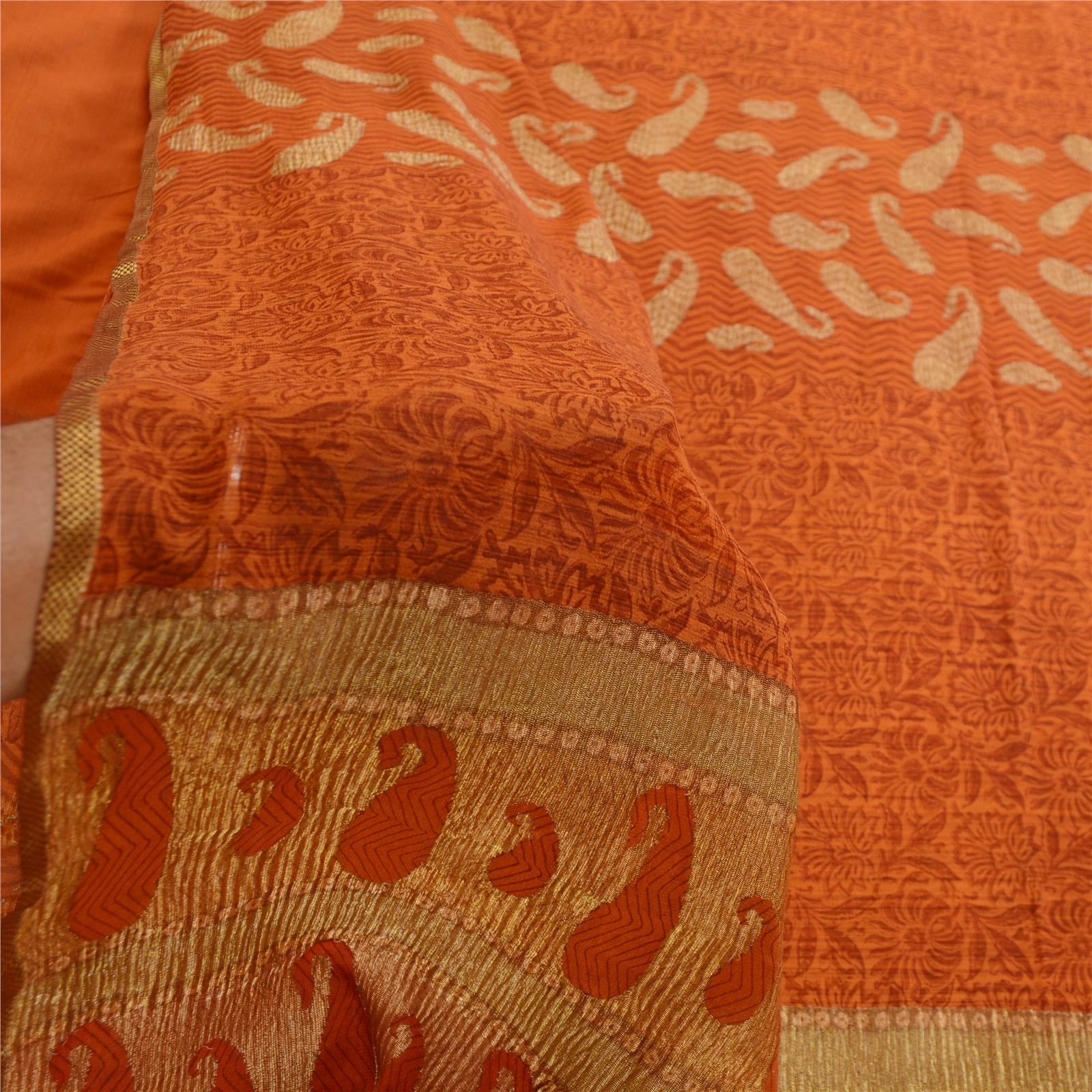 Sanskriti Vintage Sarees Rustyorange Pure Georgette Silk Print Woven Sari Fabric, PRG-12457-Rusty Orange-Printed Floral Design-Pure Georgette Silk-5