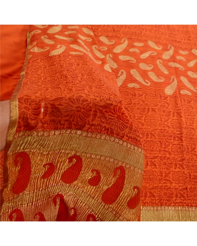Sanskriti Vintage Sarees Rustyorange Pure Georgette Silk Print Woven Sari Fabric, PRG-12457-Rusty Orange-Printed Floral Design-Pure Georgette Silk-5