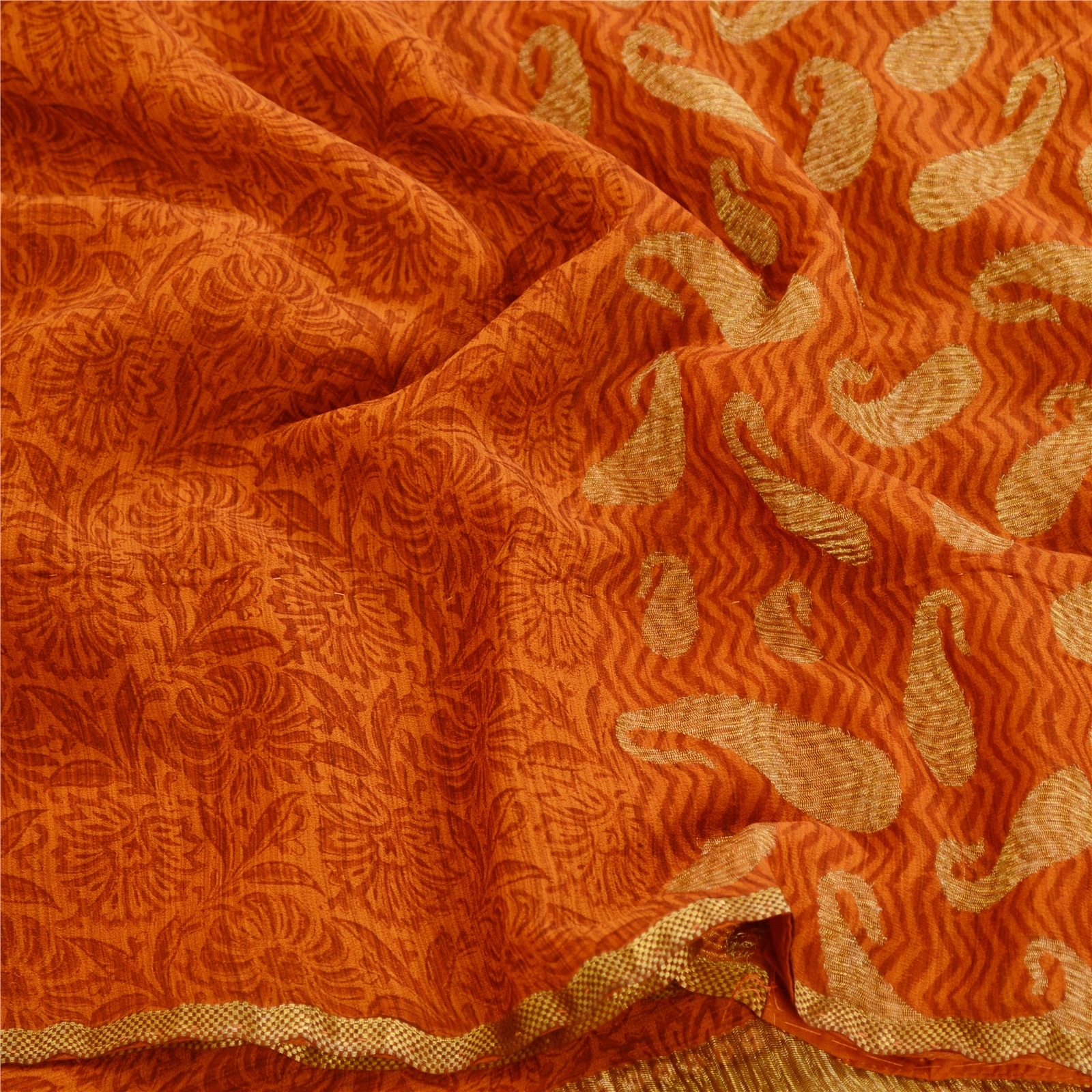 Sanskriti Vintage Sarees Rustyorange Pure Georgette Silk Print Woven Sari Fabric, PRG-12457-Rusty Orange-Printed Floral Design-Pure Georgette Silk-7