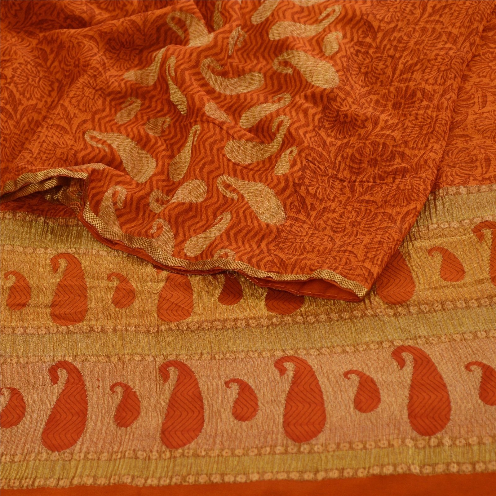 Sanskriti Vintage Sarees Rustyorange Pure Georgette Silk Print Woven Sari Fabric, PRG-12457-Rusty Orange-Printed Floral Design-Pure Georgette Silk-10