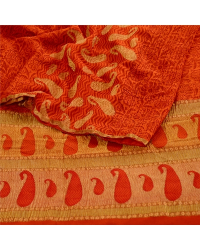 Sanskriti Vintage Sarees Rustyorange Pure Georgette Silk Print Woven Sari Fabric, PRG-12457-Rusty Orange-Printed Floral Design-Pure Georgette Silk-10