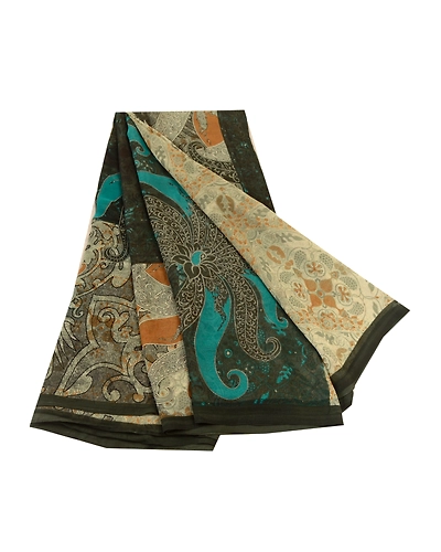 Sanskriti Vintage Sarees From India Ivory Georgette Printed Sari Craft Fabric, PRG-12466-Ivory-Printed Floral Design-Poly Georgette-2