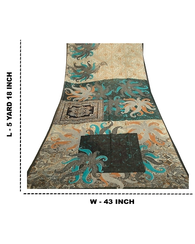 Sanskriti Vintage Sarees From India Ivory Georgette Printed Sari Craft Fabric, PRG-12466-Ivory-Printed Floral Design-Poly Georgette-3