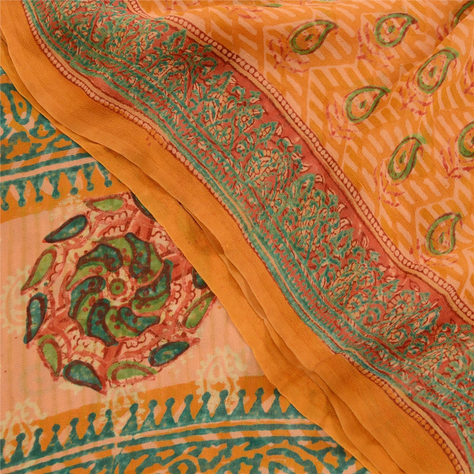 Sanskriti Vintage Sarees Saffron Pure Georgette Silk Printed Sari Craft Fabric, PRG-12471-Saffron-Printed Floral Design-Pure Georgette Silk-1