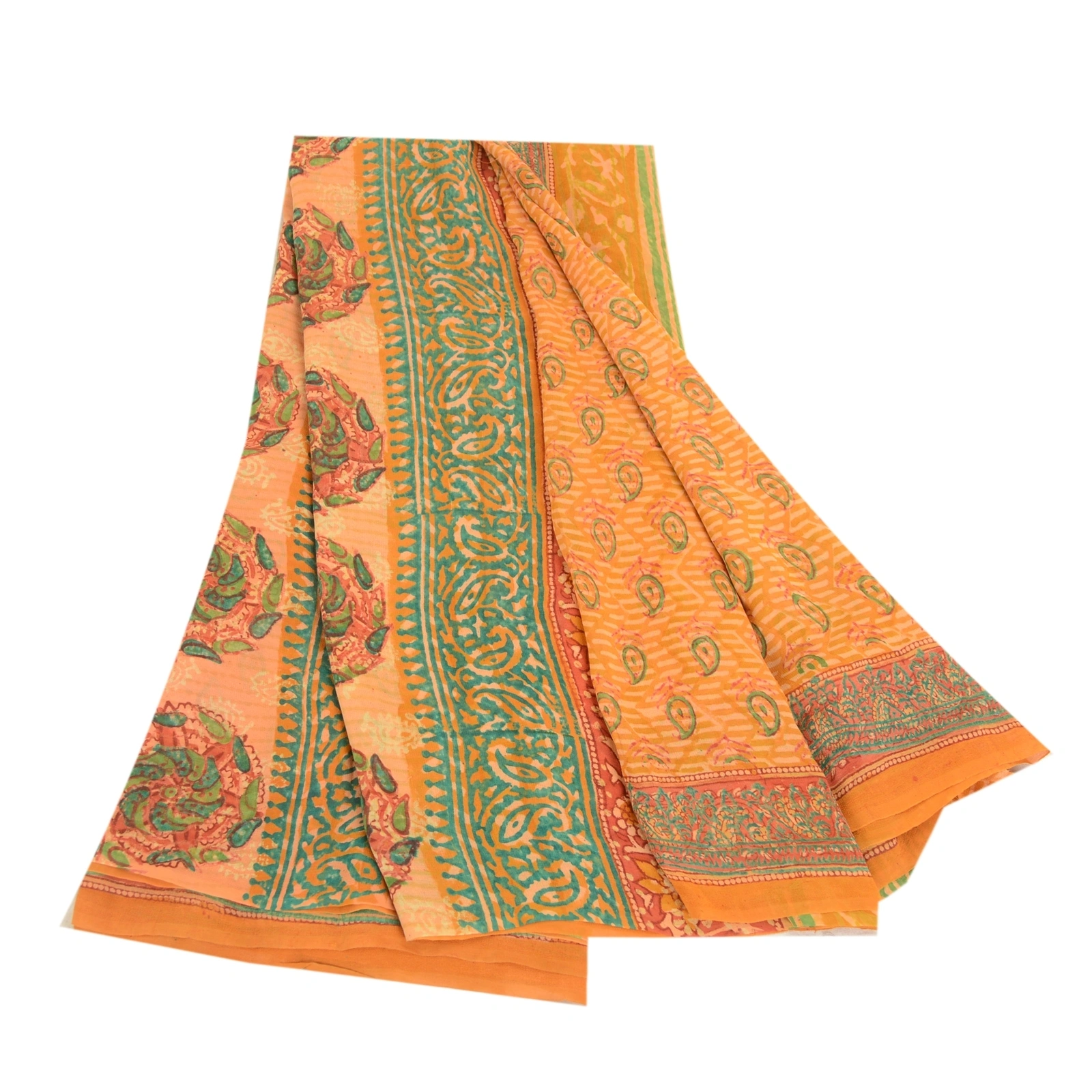 Sanskriti Vintage Sarees Saffron Pure Georgette Silk Printed Sari Craft Fabric, PRG-12471-Saffron-Printed Floral Design-Pure Georgette Silk-2