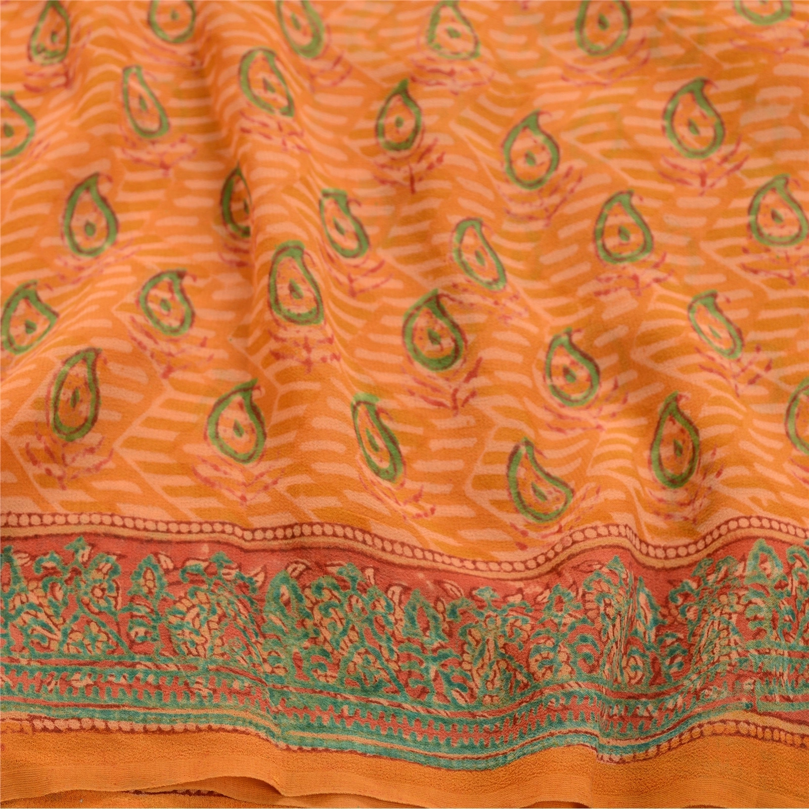 Sanskriti Vintage Sarees Saffron Pure Georgette Silk Printed Sari Craft Fabric, PRG-12471-Saffron-Printed Floral Design-Pure Georgette Silk-6