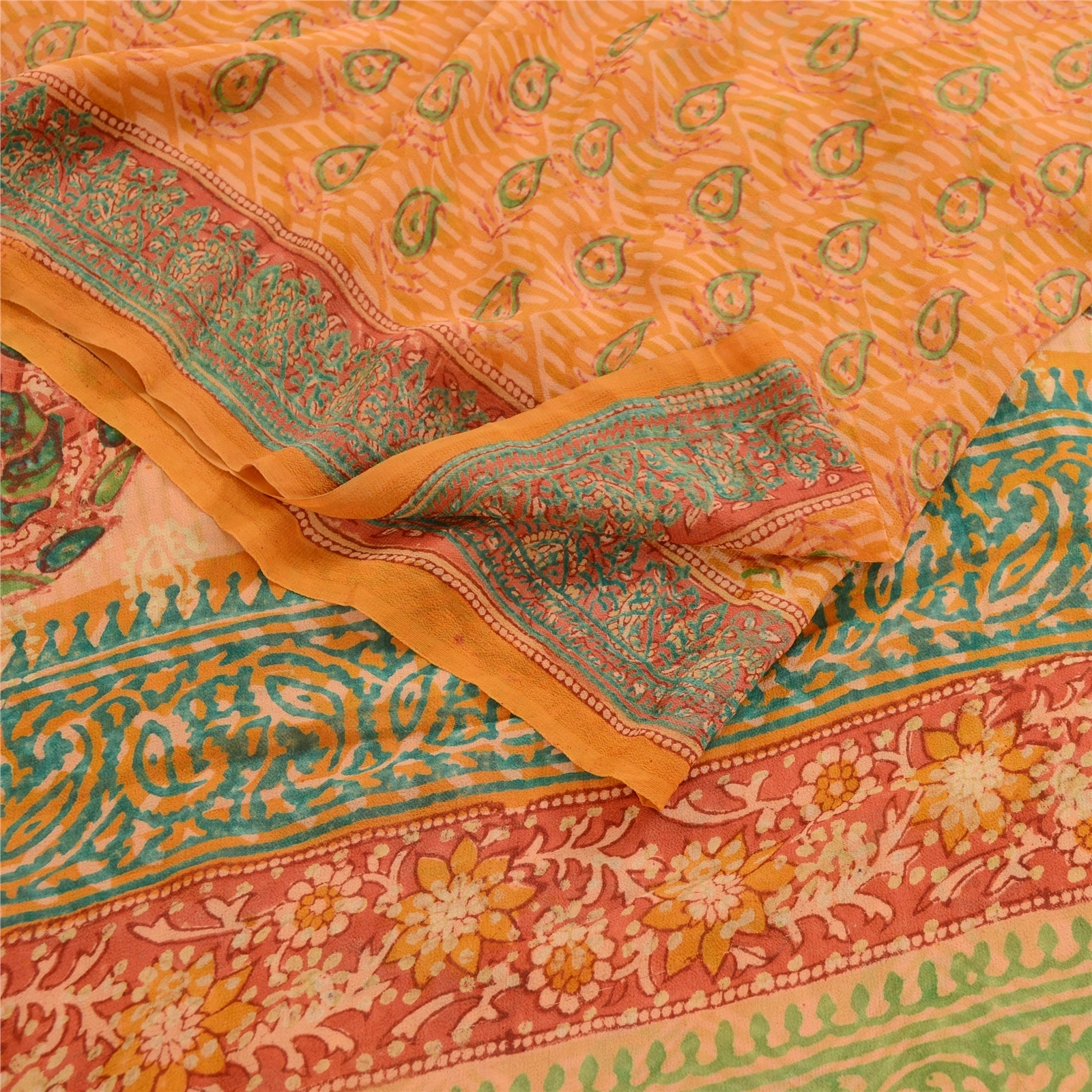 Sanskriti Vintage Sarees Saffron Pure Georgette Silk Printed Sari Craft Fabric, PRG-12471-Saffron-Printed Floral Design-Pure Georgette Silk-7