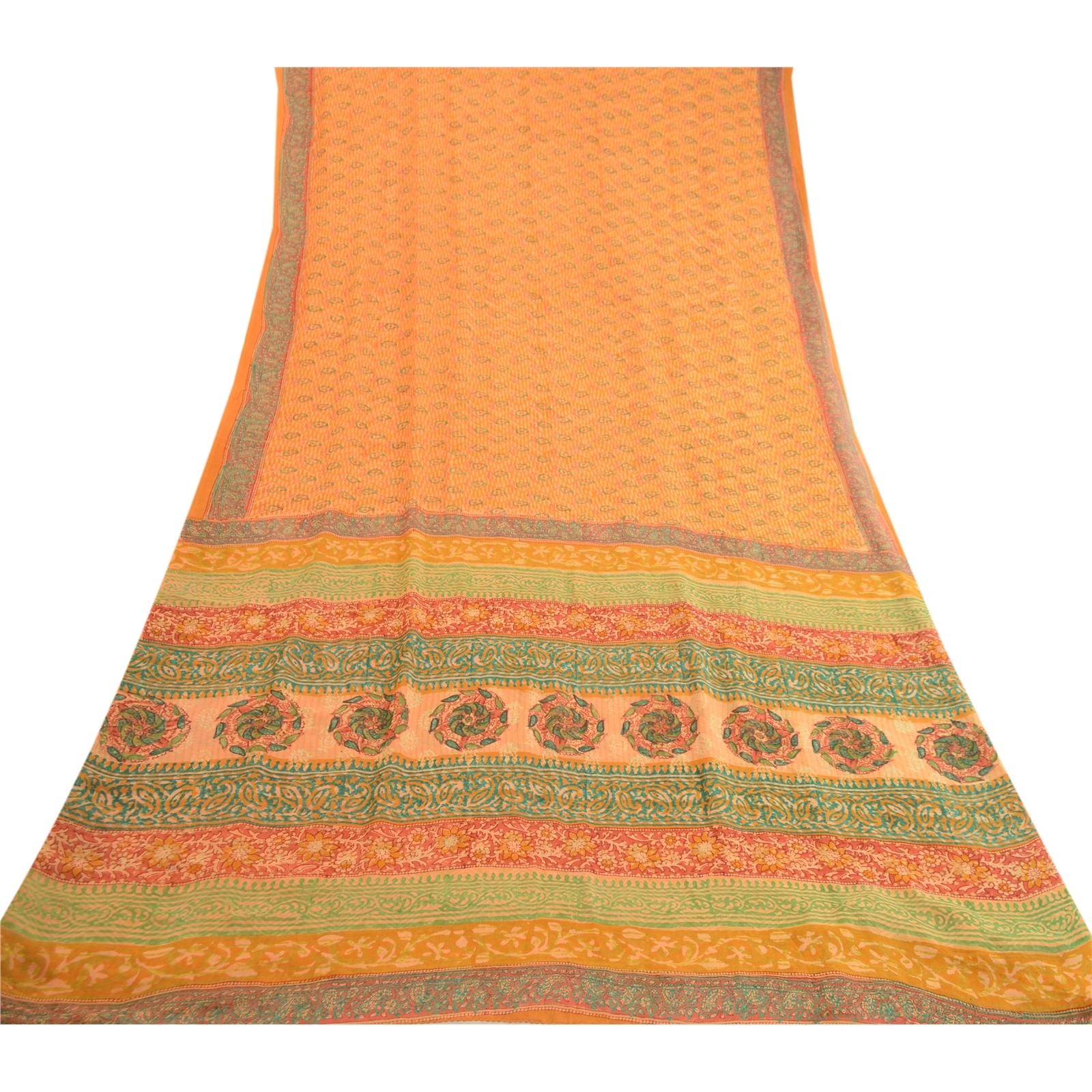 Sanskriti Vintage Sarees Saffron Pure Georgette Silk Printed Sari Craft Fabric, PRG-12471-Saffron-Printed Floral Design-Pure Georgette Silk-8