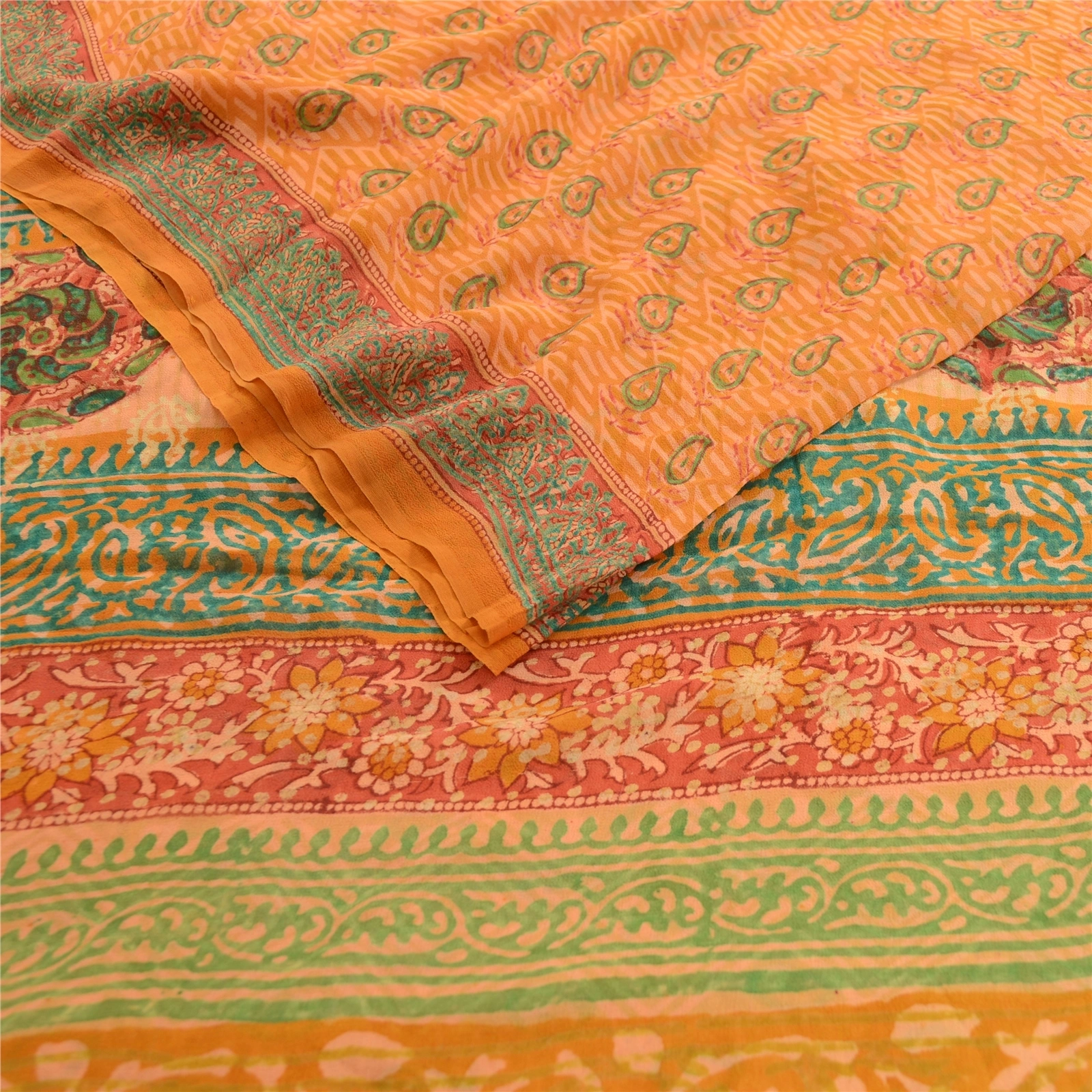 Sanskriti Vintage Sarees Saffron Pure Georgette Silk Printed Sari Craft Fabric, PRG-12471-Saffron-Printed Floral Design-Pure Georgette Silk-9