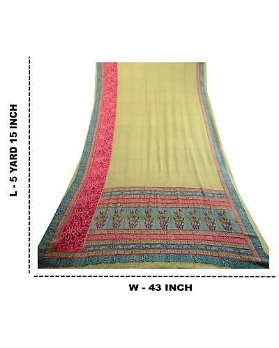 Sanskriti Vintage Sarees Green Pure Chiffon Silk Printed Sari Soft Craft Fabric, PRG-12473-Green-Printed Floral Design-Pure Chiffon Silk-3