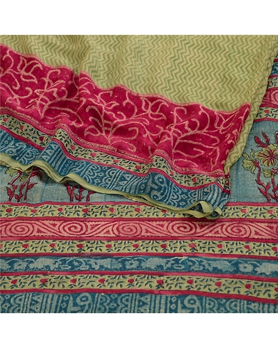 Sanskriti Vintage Sarees Green Pure Chiffon Silk Printed Sari Soft Craft Fabric, PRG-12473-Green-Printed Floral Design-Pure Chiffon Silk-9