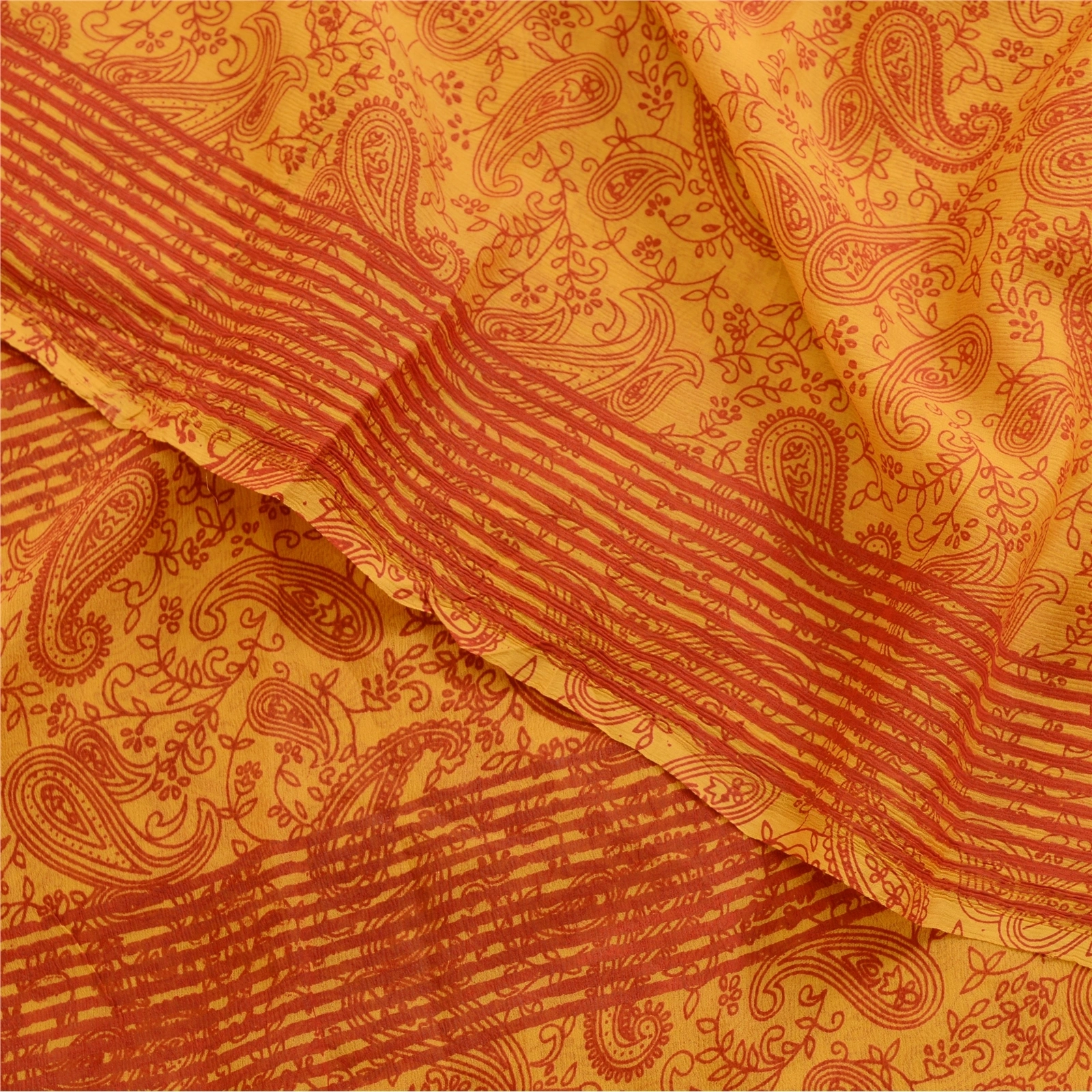 Sanskriti Vintage Sarees Yellow Pure Georgette Silk Printed Sari Craft Fabric, PRG-12476-Yellow-Printed Floral Design-Pure Georgette Silk-1