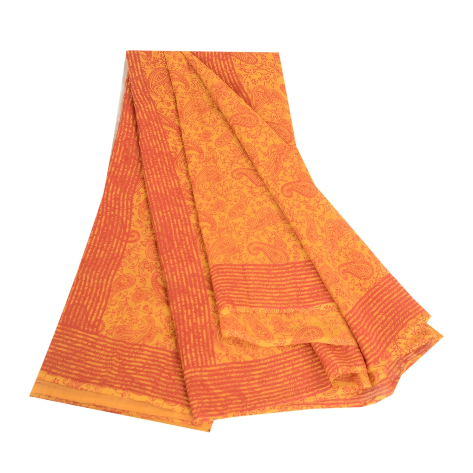 Sanskriti Vintage Sarees Yellow Pure Georgette Silk Printed Sari Craft Fabric, PRG-12476-Yellow-Printed Floral Design-Pure Georgette Silk-2