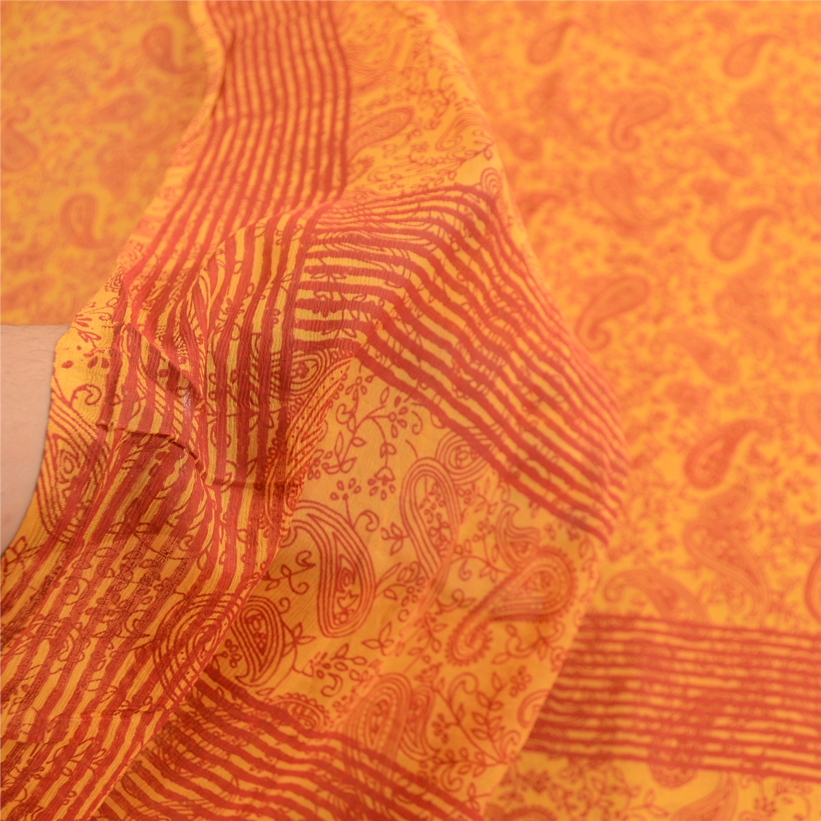 Sanskriti Vintage Sarees Yellow Pure Georgette Silk Printed Sari Craft Fabric, PRG-12476-Yellow-Printed Floral Design-Pure Georgette Silk-4