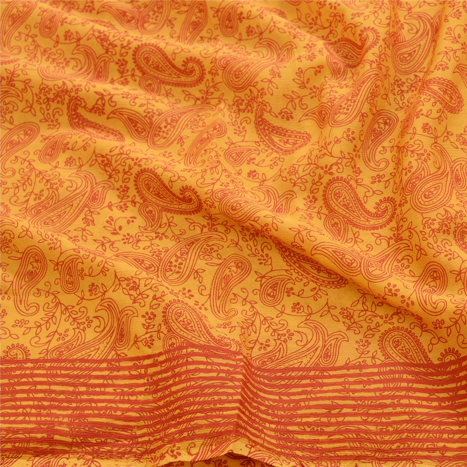 Sanskriti Vintage Sarees Yellow Pure Georgette Silk Printed Sari Craft Fabric, PRG-12476-Yellow-Printed Floral Design-Pure Georgette Silk-6