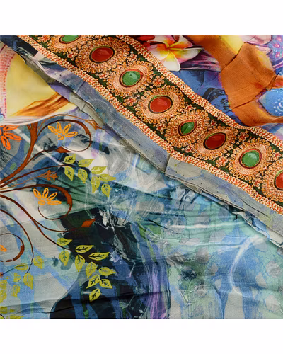 Sanskriti Vintage Blue Sarees Blend Georgette Digital Printed Sari Craft Fabric, PRG-12497-Blue-Digital Printed Floral Design-Blend Georgette-1