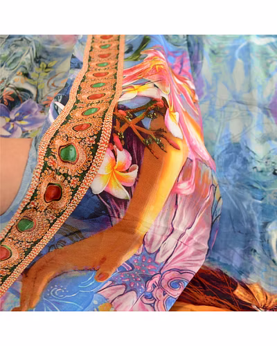 Sanskriti Vintage Blue Sarees Blend Georgette Digital Printed Sari Craft Fabric, PRG-12497-Blue-Digital Printed Floral Design-Blend Georgette-5