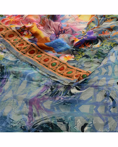 Sanskriti Vintage Blue Sarees Blend Georgette Digital Printed Sari Craft Fabric, PRG-12497-Blue-Digital Printed Floral Design-Blend Georgette-8