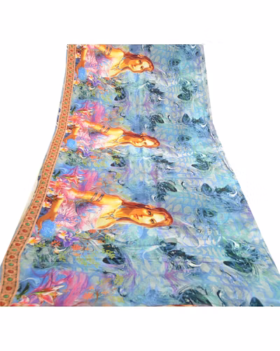 Sanskriti Vintage Blue Sarees Blend Georgette Digital Printed Sari Craft Fabric, PRG-12497-Blue-Digital Printed Floral Design-Blend Georgette-9
