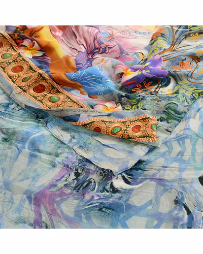 Sanskriti Vintage Blue Sarees Blend Georgette Digital Printed Sari Craft Fabric, PRG-12497-Blue-Digital Printed Floral Design-Blend Georgette-10