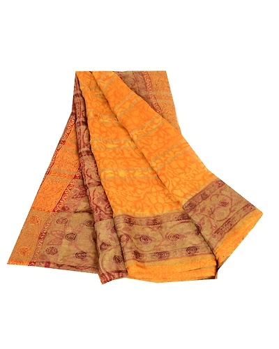 Sanskriti Vintage Mustard Sarees Pure Georgette Silk Printed Sari Craft Fabric, PRG-12503-Shade Of Mustard-Printed Floral Design-Pure Georgette Silk-2