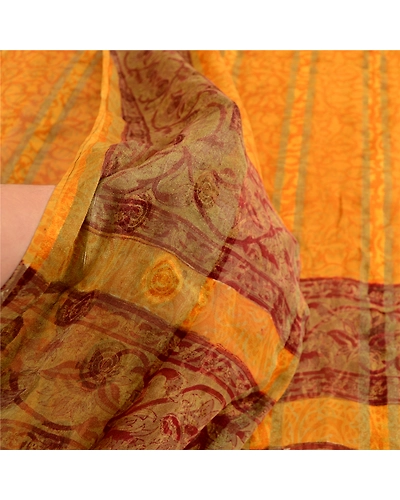 Sanskriti Vintage Mustard Sarees Pure Georgette Silk Printed Sari Craft Fabric, PRG-12503-Shade Of Mustard-Printed Floral Design-Pure Georgette Silk-4