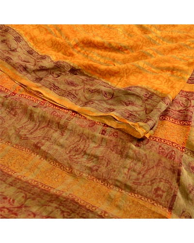 Sanskriti Vintage Mustard Sarees Pure Georgette Silk Printed Sari Craft Fabric, PRG-12503-Shade Of Mustard-Printed Floral Design-Pure Georgette Silk-7