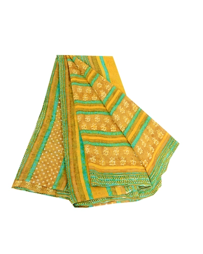 Sanskriti Vintage Mustard Sarees Pure Georgette Silk Printed Sari Craft Fabric, PRG-12506-Shade Of Mustard-Printed Floral Design-Pure Georgette Silk-2