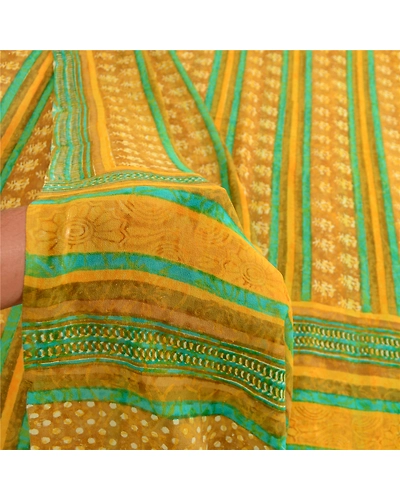 Sanskriti Vintage Mustard Sarees Pure Georgette Silk Printed Sari Craft Fabric, PRG-12506-Shade Of Mustard-Printed Floral Design-Pure Georgette Silk-4