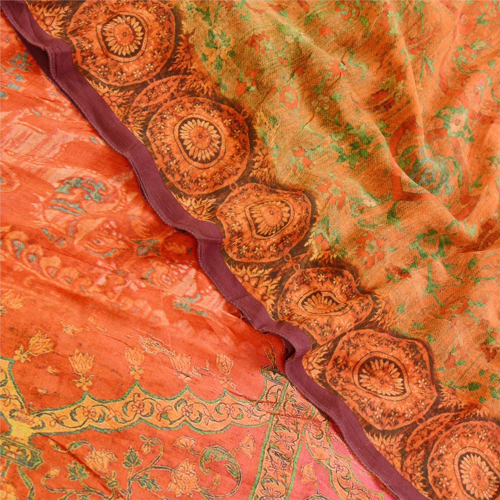 Sanskriti Vintage Sarees Red 100% Pure Georgette Silk Printed Sari Craft Fabric, PRG-12517-Shade Of Red &amp; Pink-Printed Floral Design-Pure Georgette Silk-1