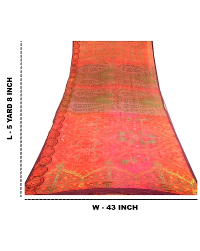 Sanskriti Vintage Sarees Red 100% Pure Georgette Silk Printed Sari Craft Fabric, PRG-12517-Shade Of Red &amp; Pink-Printed Floral Design-Pure Georgette Silk-3