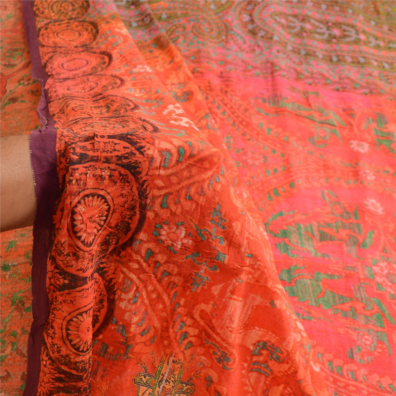 Sanskriti Vintage Sarees Red 100% Pure Georgette Silk Printed Sari Craft Fabric, PRG-12517-Shade Of Red &amp; Pink-Printed Floral Design-Pure Georgette Silk-4