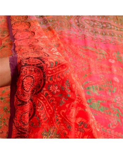 Sanskriti Vintage Sarees Red 100% Pure Georgette Silk Printed Sari Craft Fabric, PRG-12517-Shade Of Red &amp; Pink-Printed Floral Design-Pure Georgette Silk-4
