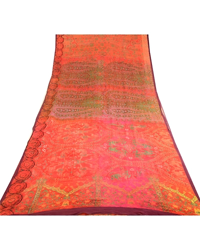 Sanskriti Vintage Sarees Red 100% Pure Georgette Silk Printed Sari Craft Fabric, PRG-12517-Shade Of Red &amp; Pink-Printed Floral Design-Pure Georgette Silk-8