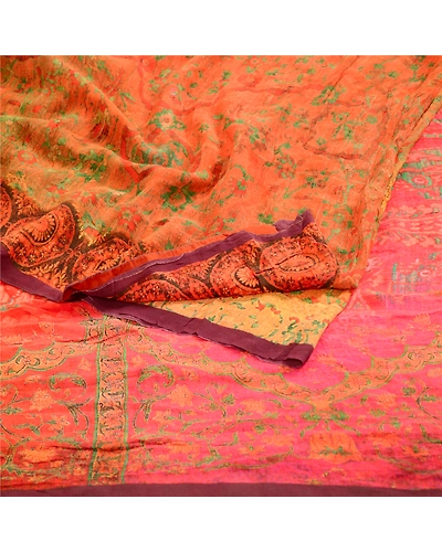 Sanskriti Vintage Sarees Red 100% Pure Georgette Silk Printed Sari Craft Fabric, PRG-12517-Shade Of Red &amp; Pink-Printed Floral Design-Pure Georgette Silk-9