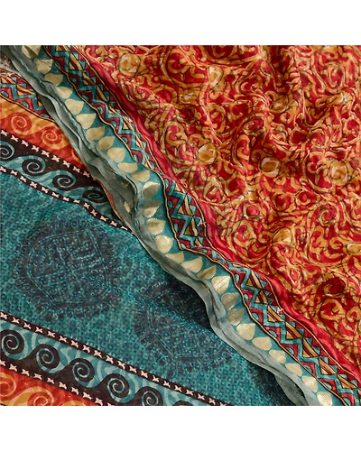 Sanskriti Vintage Dark Red Sarees Pure Georgette Silk Printed Sari Craft Fabric, PRG-12519-Dark Red &amp; Blue-Printed Floral Design-Pure Georgette Silk-1