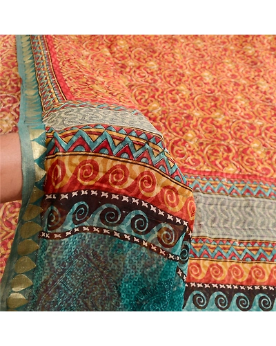 Sanskriti Vintage Dark Red Sarees Pure Georgette Silk Printed Sari Craft Fabric, PRG-12519-Dark Red &amp; Blue-Printed Floral Design-Pure Georgette Silk-4